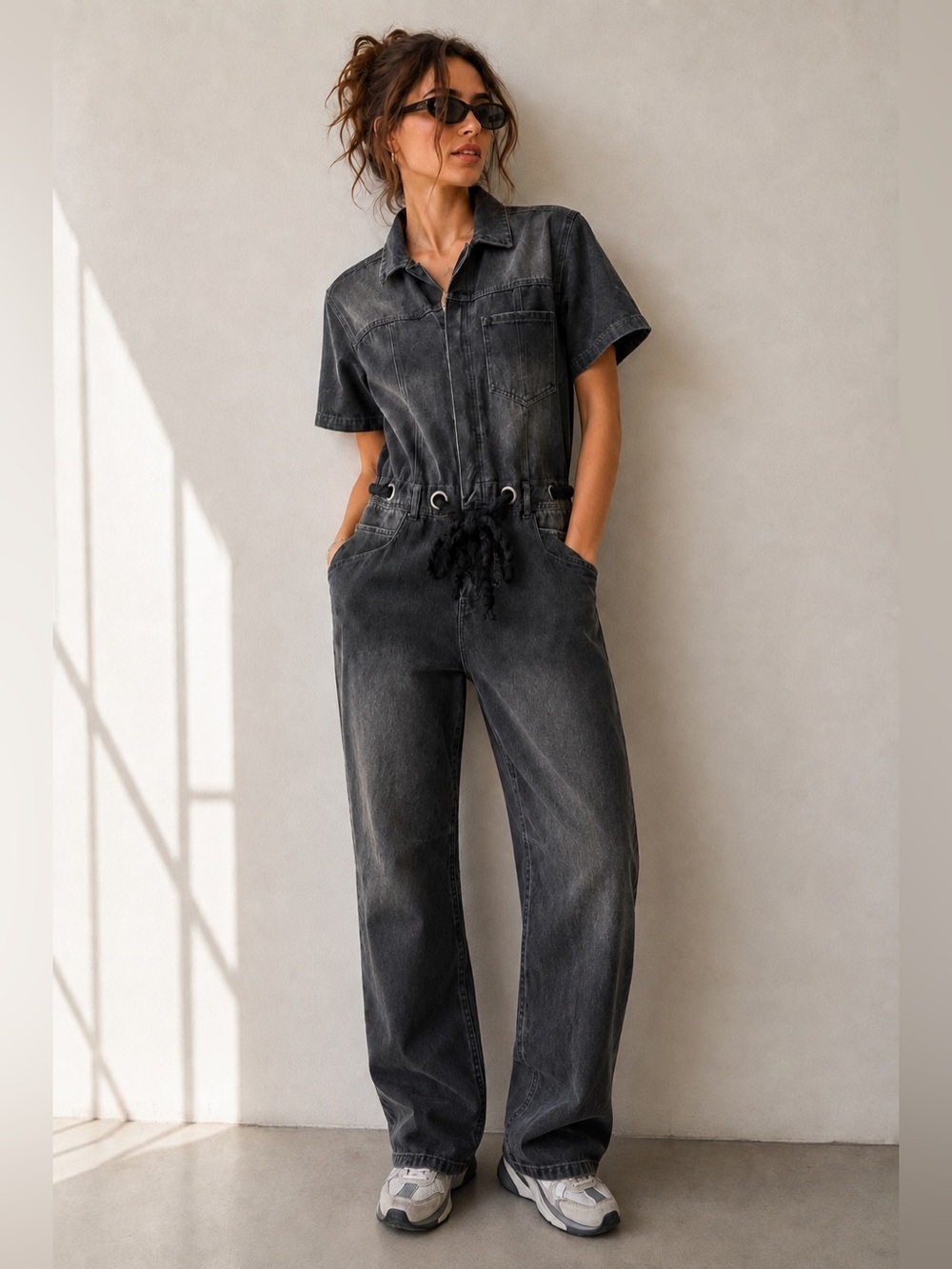 BIBI Gray Washed Denim Utility Jumpsuit Drawstring Wide Leg Size Small